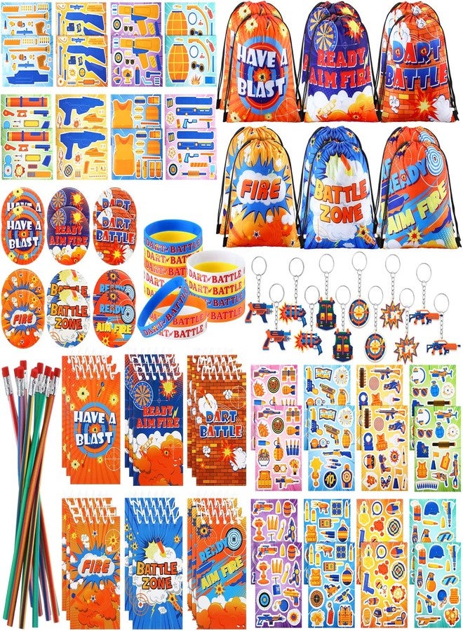 Vertintong 110 Pcs Dart Battle Party Favors Back to School Gifts Includes Dart Party Favor Bags Silicone Wristbands Badges Notebook Keychain Stickers Bendable Pencil for Birthday - Image 1